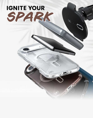 Ignite Your Spark. A group of Speck iPhone 17 ClickLock cases and ClickLock accessories are arranged in a fan pattern with an arrow showing how the ClickLock accessories attach to the ClickLock phone case. Text reads Ignite Your Spark.