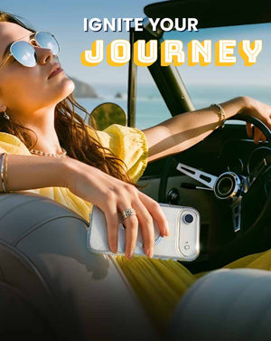 Ignite Your Journey. A woman with sunglasses on holds an iPhone 17 in a clear case by Speck while sitting in a convertible near the ocean. Text reads Ignite Your Journey.